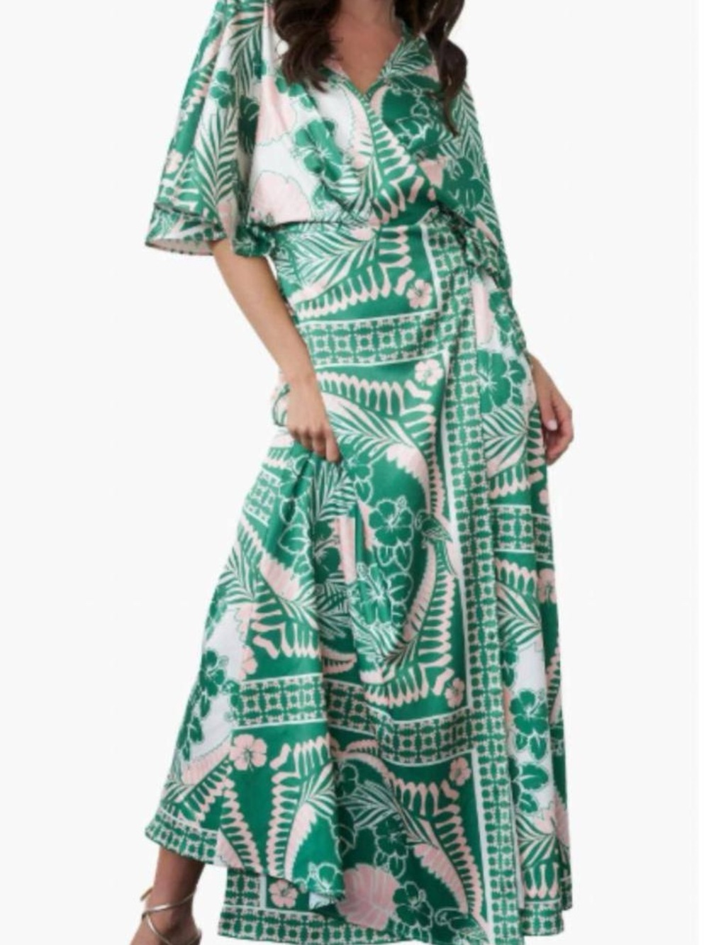 Green Floral Maxi Dress with Pink Accents - Women's Wrap Style